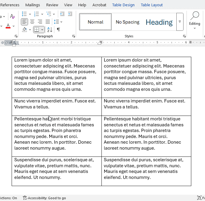 Demonstration of splitting a table in Word